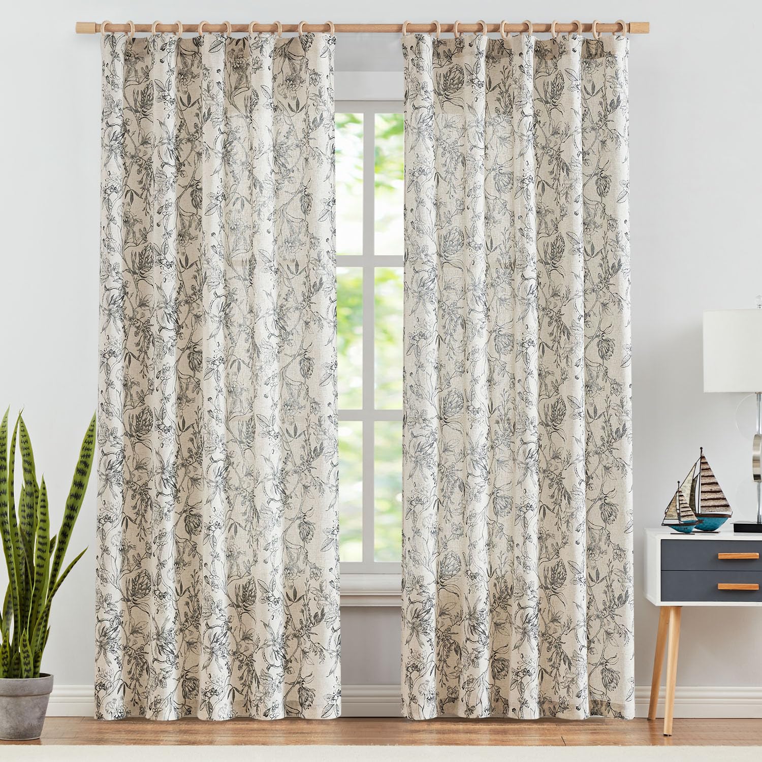 Jinchan Floral Curtains 84 Inches Long Black Flower Linen Farmhouse Curtains For Living Room French Country Vintage Curtains Rod Pocket Curtains Set 2 Panels Balck Flower Printed Curtains